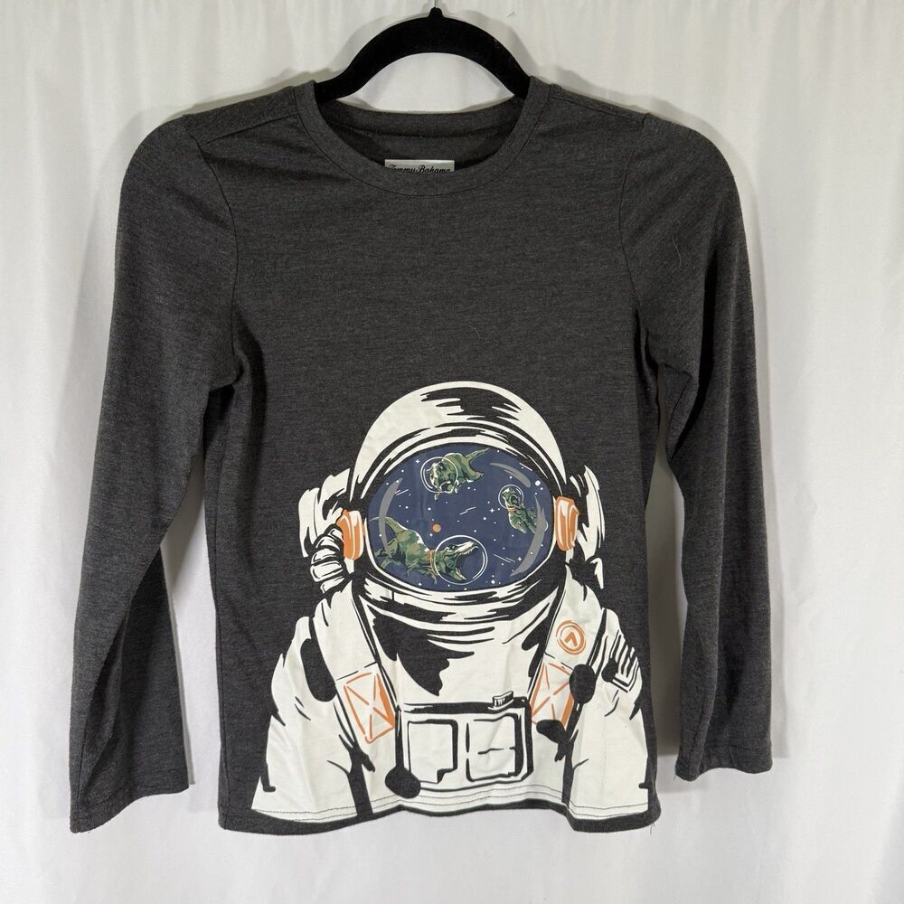 Tommy Bahama Shirt Boys 8 Grey Astronaut Dinosaur Graphic Print Long Sleeve